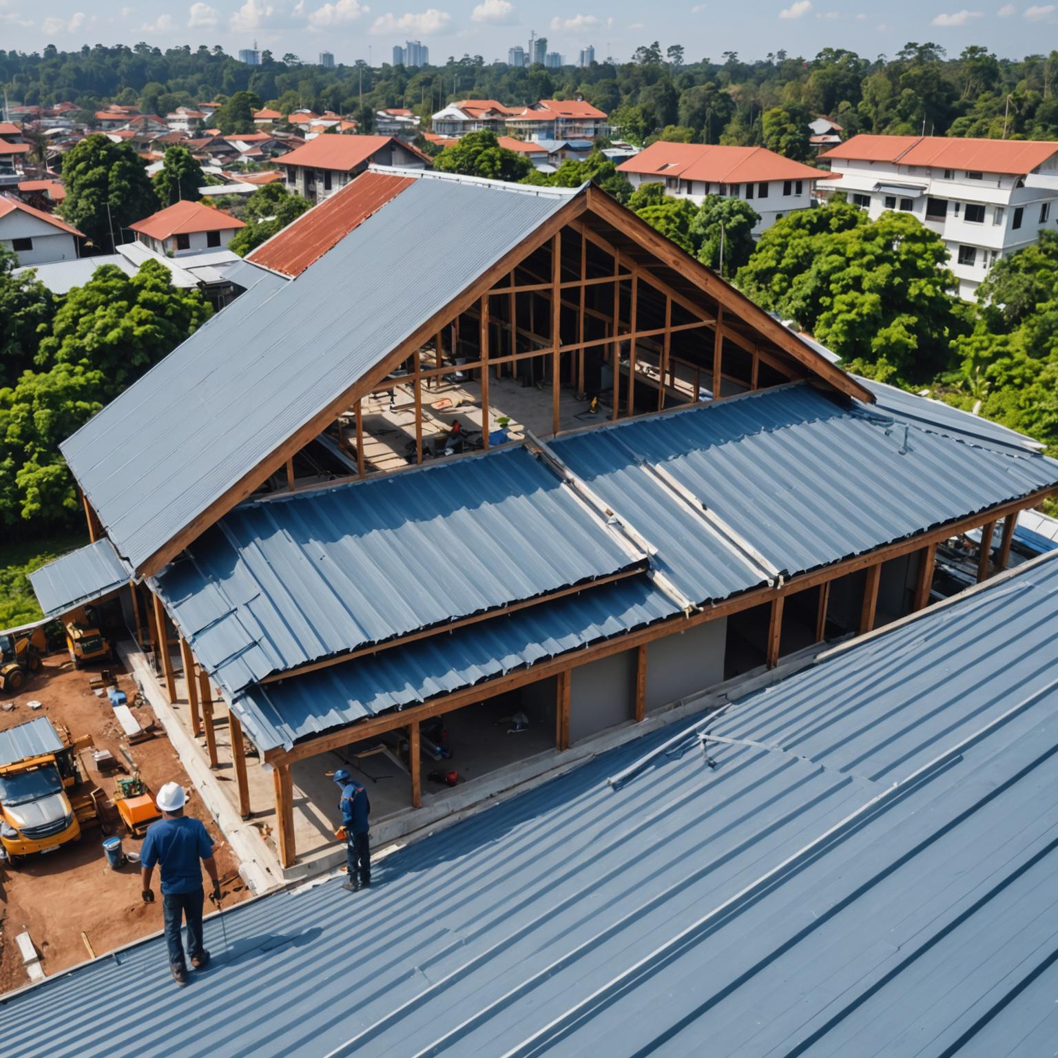 Workers installing new metal roofing panels