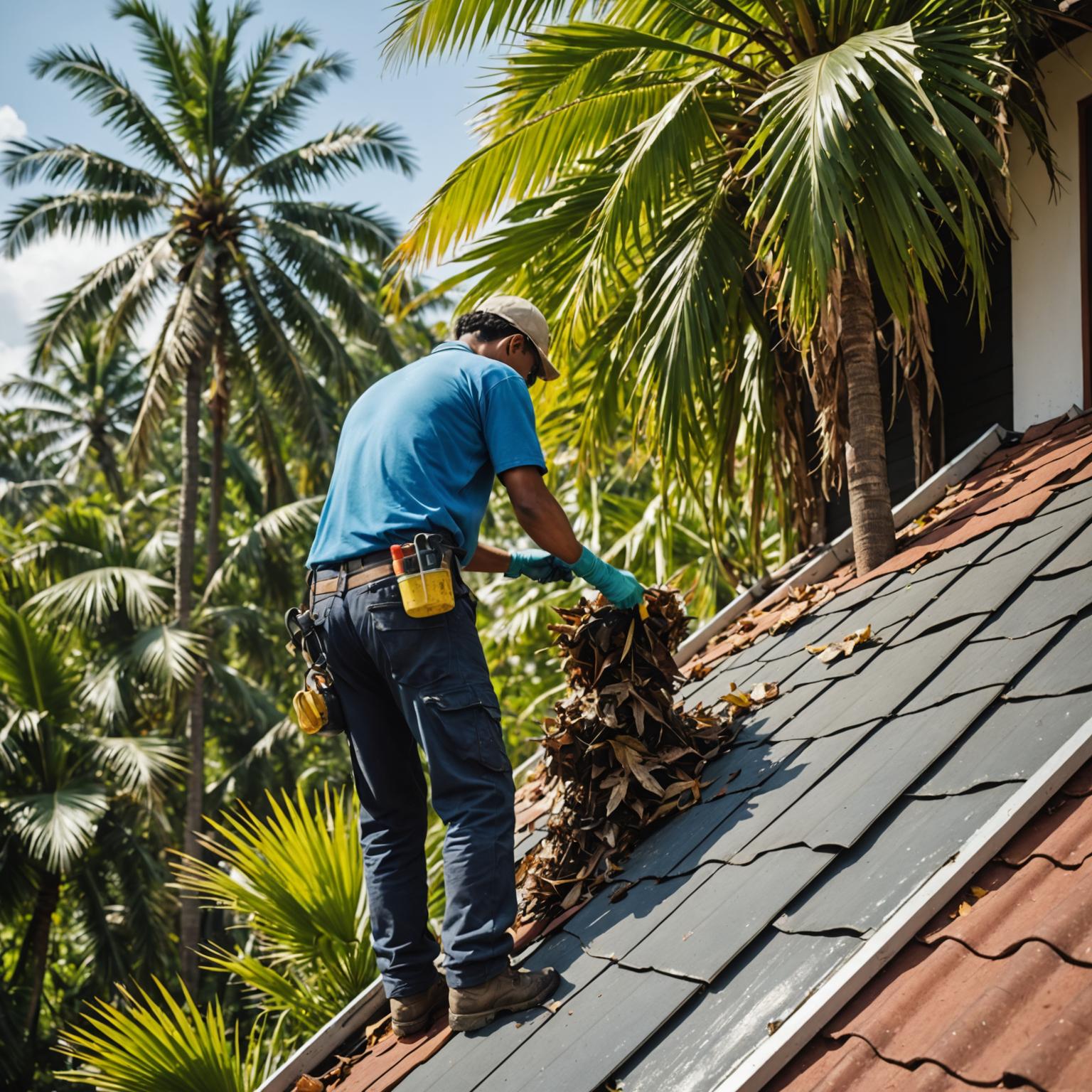 Technician clearing debris from a roof gutter