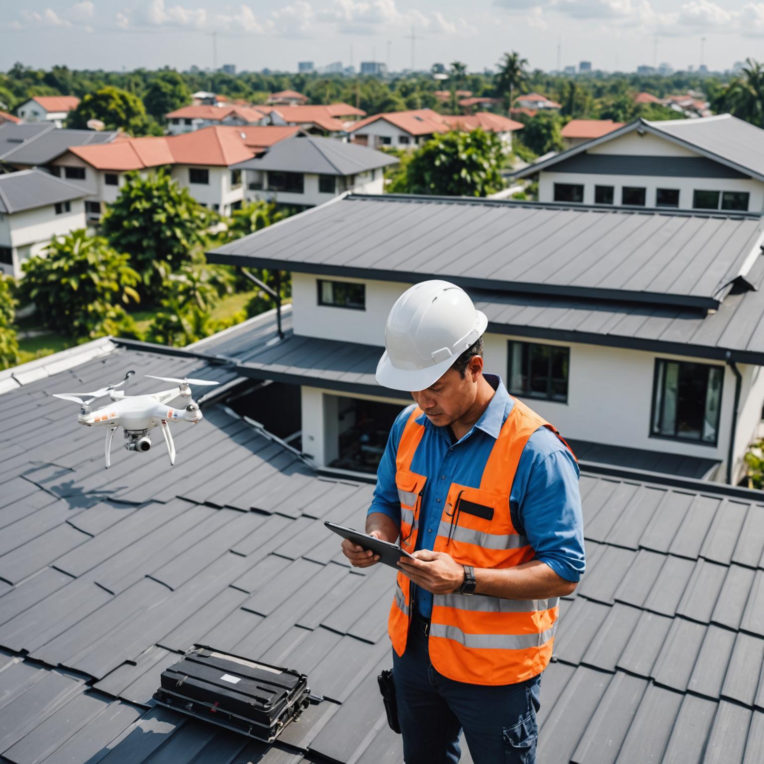 Inspector using a tablet to record roof condition