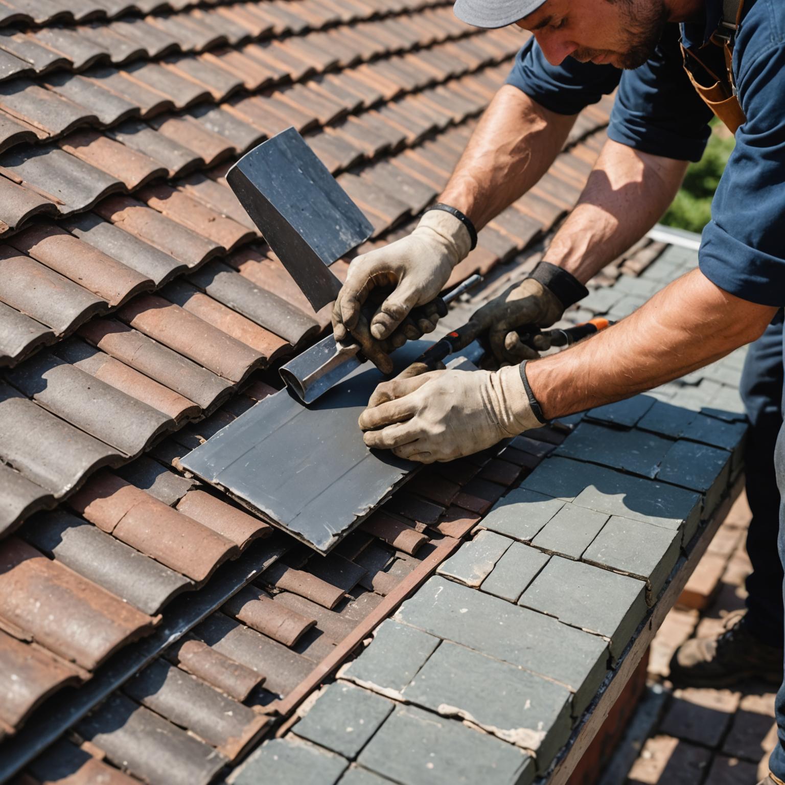 Roofer sealing a damaged ceramic tile